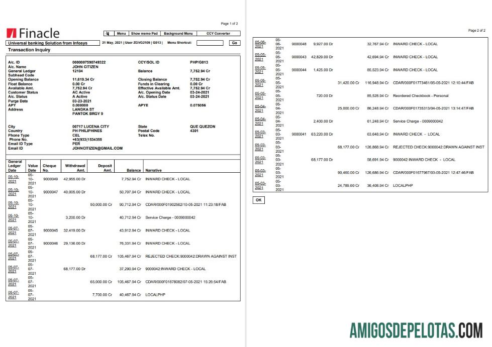 Exemplo de extrato bancário do Finacle da Índia em formato Word e PDF (2 páginas)